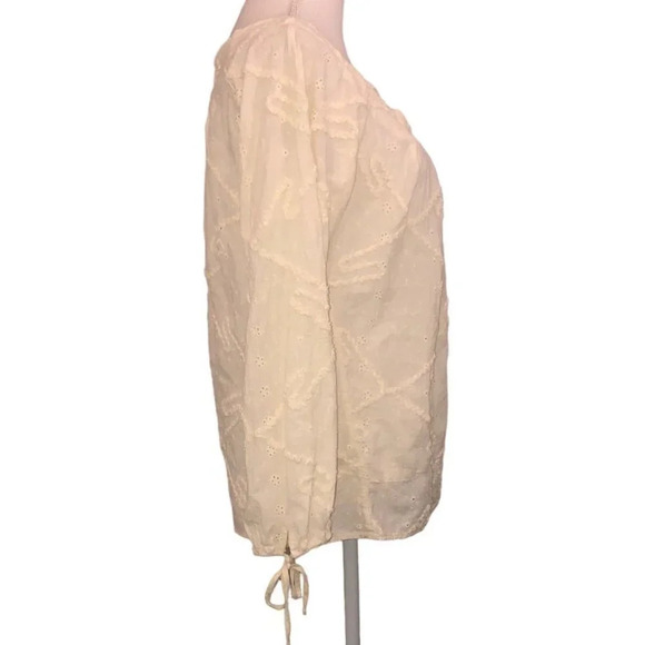 Chelsea & VIOLET Sz S Women's Cream Eyelet 3/4 Sleeve Drawstring Blouse Top - Picture 6 of 7